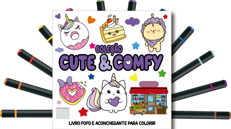 Cute & Comfy Coloring Book for Adults Edição 3 - Bold Easy - Livro de Colorir Adulto + 12 Canetas